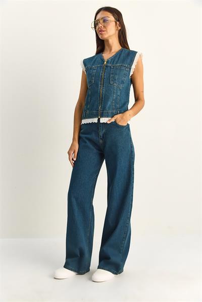 Kadın Dantel Detaylı Denim Yelek ve Wide Leg Pantolon Denim Takım 8210 60286153 - Lacivert