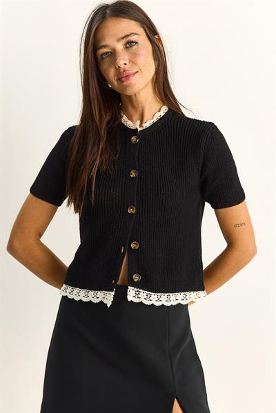 Kadın Dantel Detaylı Düğmeli Kısa Kollu Triko Hırka TH261022 60286095 - Siyah