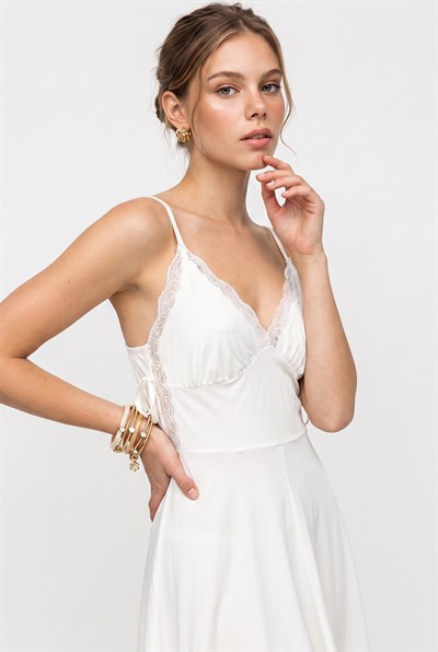 Kadın Dantel Detaylı İp Askılı Yan Bağcıklı Mini Gecelik Elbise 60286446 - Beyaz