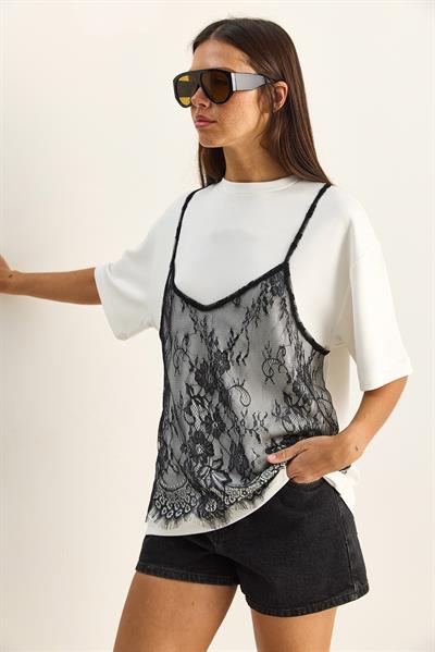 Kadın Dantel Detaylı Katmanlı Görünümlü Basic T-Shirt 1083 60286114 - Beyaz