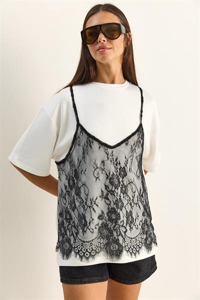 Kadın Dantel Detaylı Katmanlı Görünümlü Basic T-Shirt 1083 60286114 - Beyaz