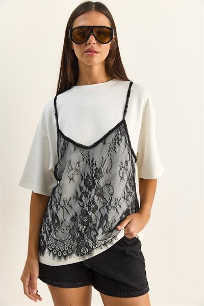 Kadın Dantel Detaylı Katmanlı Görünümlü Basic T-Shirt 1083 60286114 - Beyaz