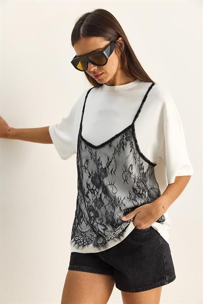 Kadın Dantel Detaylı Katmanlı Görünümlü Basic T-Shirt 1083 60286114 - Beyaz