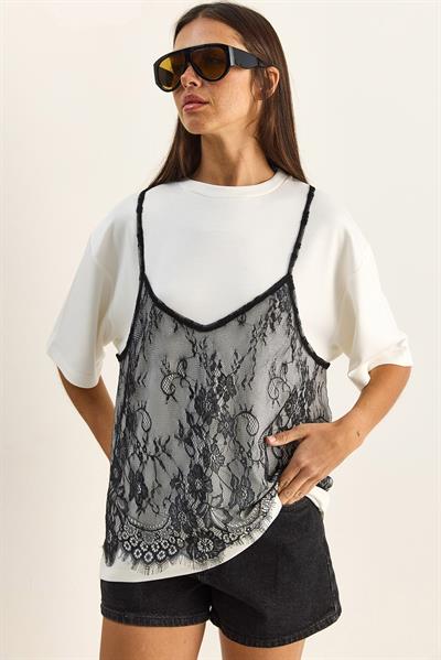 Kadın Dantel Detaylı Katmanlı Görünümlü Basic T-Shirt 1083 60286114 - Beyaz