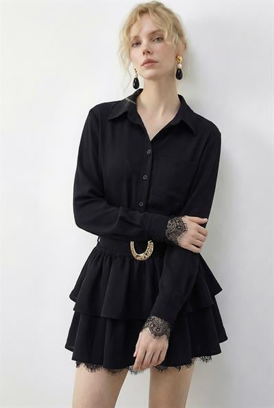 Kadın Dantel Detaylı Kemerli Volanlı Elbise 4178 60286027 - Siyah