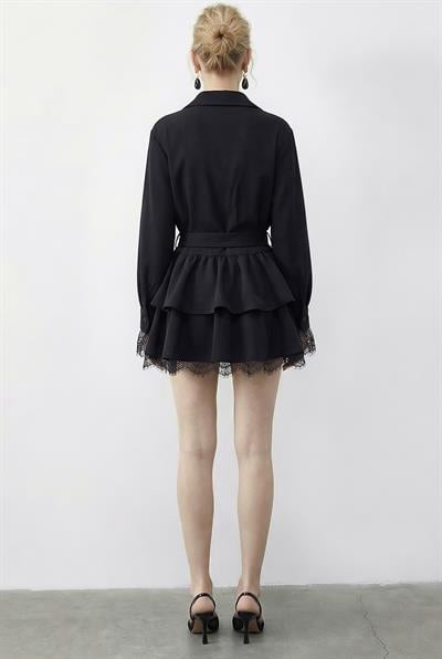 Kadın Dantel Detaylı Kemerli Volanlı Elbise 4178 60286027 - Siyah