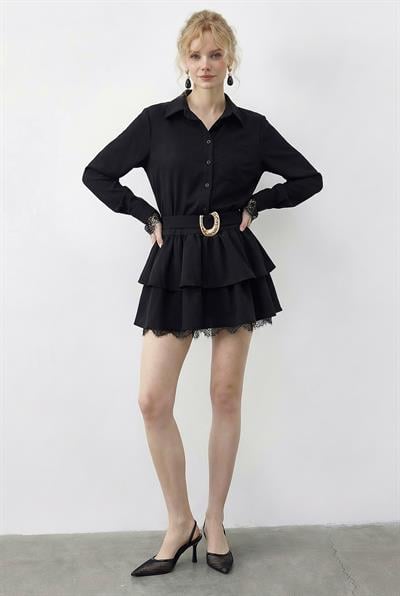 Kadın Dantel Detaylı Kemerli Volanlı Elbise 4178 60286027 - Siyah