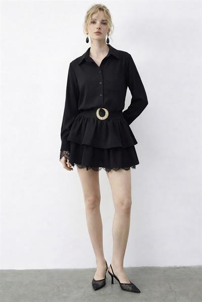 Kadın Dantel Detaylı Kemerli Volanlı Elbise 4178 60286027 - Siyah