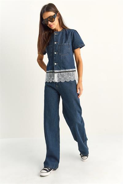Kadın Dantel Detaylı Kısa Kollu Ceket Wide Leg Denim Pantolon Takım 8211 60286152 - Lacivert