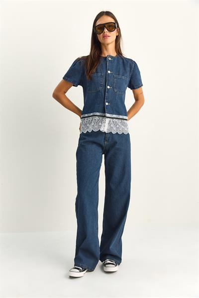 Kadın Dantel Detaylı Kısa Kollu Ceket Wide Leg Denim Pantolon Takım 8211 60286152 - Lacivert