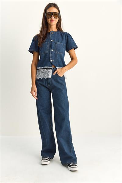 Kadın Dantel Detaylı Kısa Kollu Ceket Wide Leg Denim Pantolon Takım 8211 60286152 - Lacivert