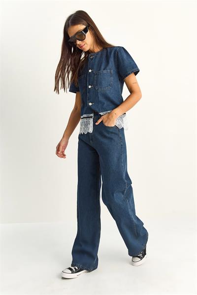 Kadın Dantel Detaylı Kısa Kollu Ceket Wide Leg Denim Pantolon Takım 8211 60286152 - Lacivert
