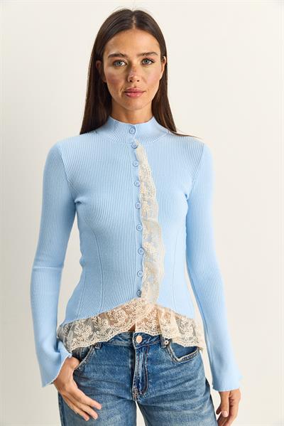 Kadın Dantel Detaylı Yarım Balıkçı Yaka Düğmeli Fitilli Triko Hırka TH261017 60286169 - Bebe Mavisi