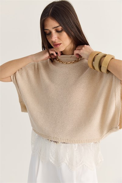 Kadın Dantel Detaylı Yarım Balıkçı Yaka Yarasa Kol Oversize Triko Bluz TK261025 60286174 - Bej