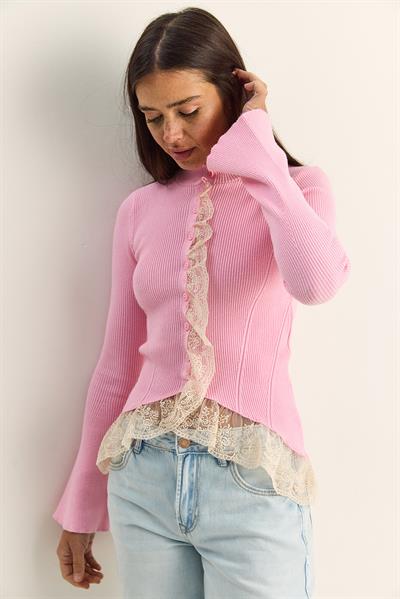 Kadın Dantel Detaylı Yarım Balıkçı Yaka Düğmeli Fitilli Triko Hırka TH261017 60286169 - Pembe