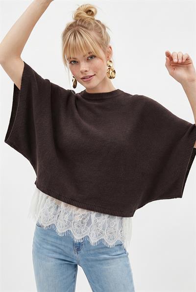 Kadın Dantel Detaylı Yarım Balıkçı Yaka Yarasa Kol Oversize Triko Bluz TK261025 60286174 - Kahve
