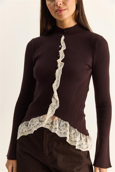 Kadın Dantel Detaylı Yarım Balıkçı Yaka Düğmeli Fitilli Triko Hırka TH261017 60286169 - Acı Kahve