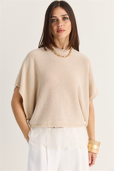 Kadın Dantel Detaylı Yarım Balıkçı Yaka Yarasa Kol Oversize Triko Bluz TK261025 60286174 - Bej