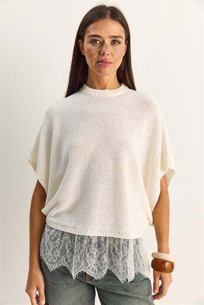 Kadın Dantel Detaylı Yarım Balıkçı Yaka Yarasa Kol Oversize Triko Bluz TK261025 60286174 - Ekru