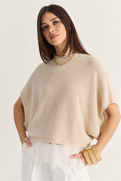 Kadın Dantel Detaylı Yarım Balıkçı Yaka Yarasa Kol Oversize Triko Bluz TK261025 60286174 - Bej