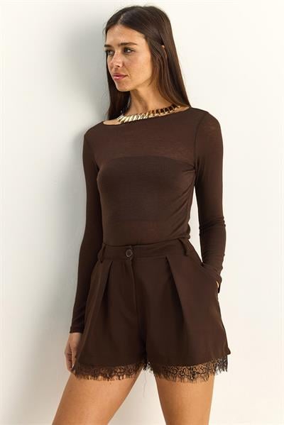 Kadın Dantel Detaylı Yüksek Bel Şort 20101 60286136 - Acı Kahve