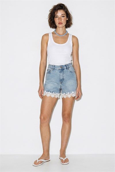 Kadın Dantel Paça Yüksek Bel Mini Denim Şort DŞ261009 60286418 - Mavi