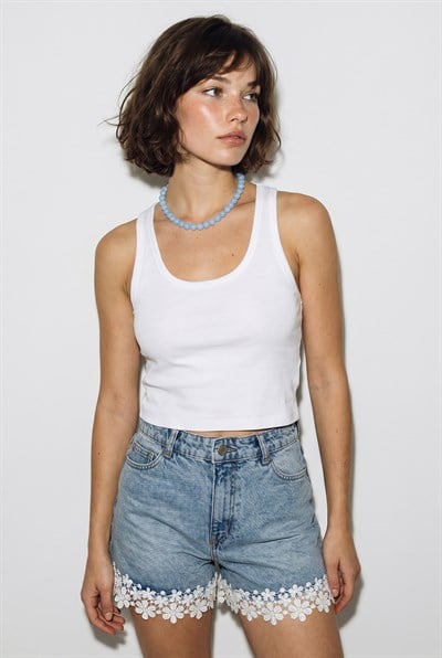 Kadın Dantel Paça Yüksek Bel Mini Denim Şort DŞ261009 60286418 - Mavi