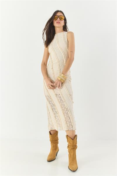 Kadın Dantel Şeritli Astarlı Midi Elbise 22066 60283277 - Krem