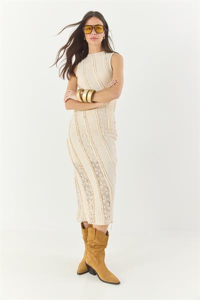 Kadın Dantel Şeritli Astarlı Midi Elbise 22066 60283277 - Krem