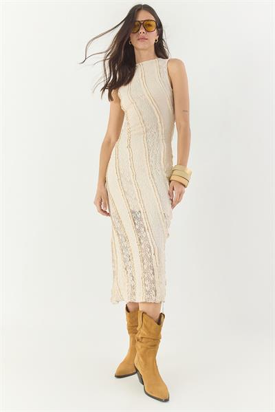 Kadın Dantel Şeritli Astarlı Midi Elbise 22066 60283277 - Krem