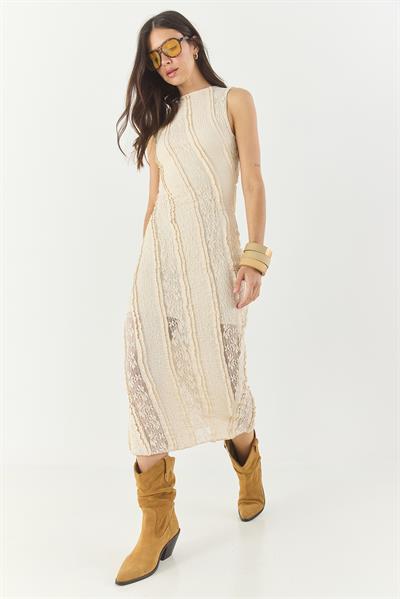 Kadın Dantel Şeritli Astarlı Midi Elbise 22066 60283277 - Krem
