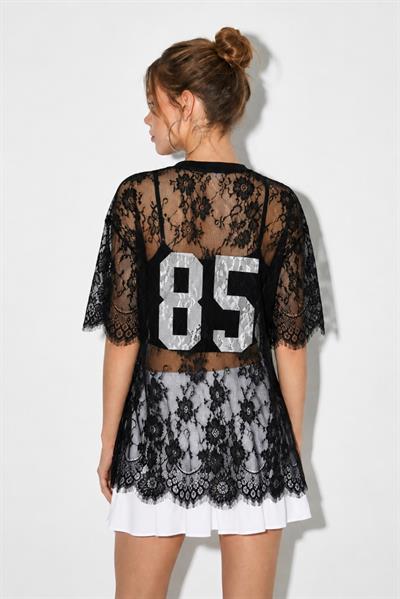 Kadın Dantel Tül Detaylı Baskılı Oversize Bluz 1098 60286295 - Siyah