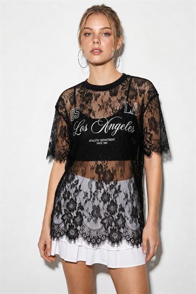 Kadın Dantel Tül Detaylı Baskılı Oversize Bluz 1098 60286295 - Siyah