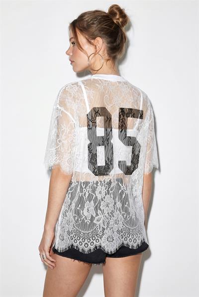 Kadın Dantel Tül Detaylı Baskılı Oversize Bluz 1098 60286295 - Beyaz