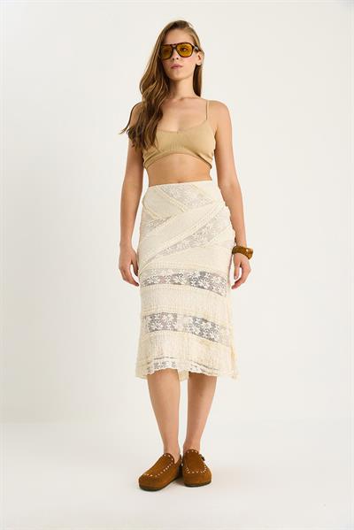 Kadın Dantelli Midi Örme Etek 60283488 - Krem