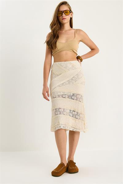 Kadın Dantelli Midi Örme Etek 60283488 - Krem