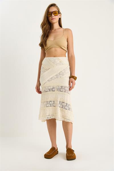 Kadın Dantelli Midi Örme Etek 60283488 - Krem