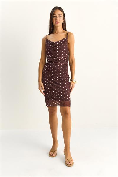 Kadın Degaje Yaka Astarlı İnce Askılı Drapeli Puantiyeli Elbise 20226 60286147 - Acı Kahve