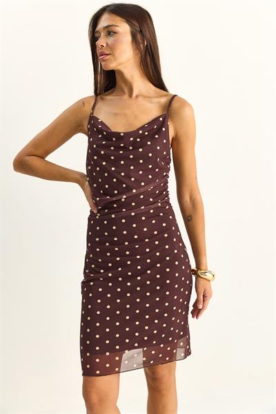 Kadın Degaje Yaka Astarlı İnce Askılı Drapeli Puantiyeli Elbise 20226 60286147 - Acı Kahve