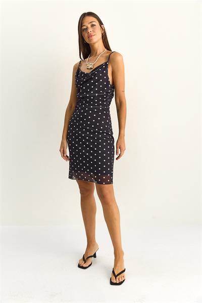 Kadın Degaje Yaka Astarlı İnce Askılı Drapeli Puantiyeli Elbise 20226 60286147 - Siyah