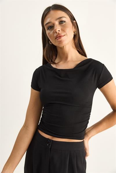 Kadın Degaje Yaka Drapeli Crop Bluz 2343 60286200 - Siyah