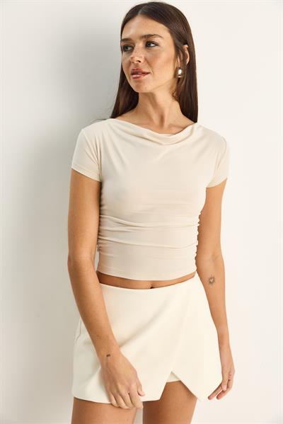 Kadın Degaje Yaka Drapeli Crop Bluz 2343 60286200 - Bej