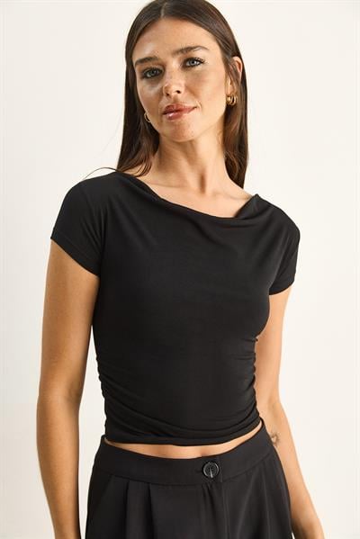 Kadın Degaje Yaka Drapeli Crop Bluz 2343 60286200 - Siyah