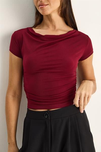 Kadın Degaje Yaka Drapeli Crop Bluz 2343 60286200 - Bordo