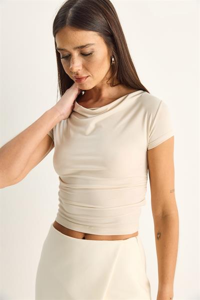 Kadın Degaje Yaka Drapeli Crop Bluz 2343 60286200 - Bej