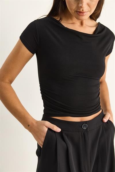 Kadın Degaje Yaka Drapeli Crop Bluz 2343 60286200 - Siyah