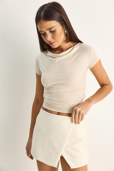 Kadın Degaje Yaka Drapeli Crop Bluz 2343 60286200 - Bej