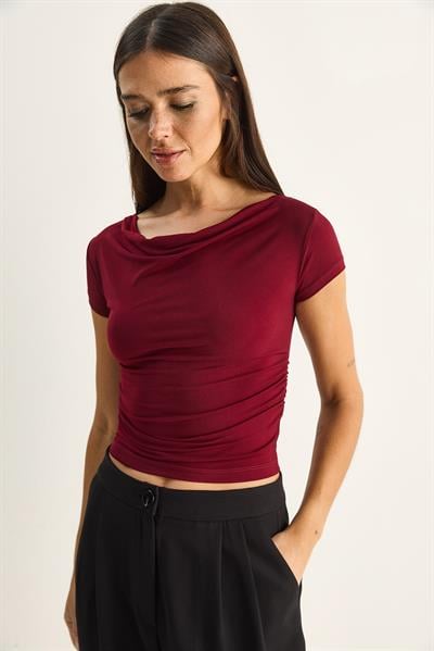 Kadın Degaje Yaka Drapeli Crop Bluz 2343 60286200 - Bordo