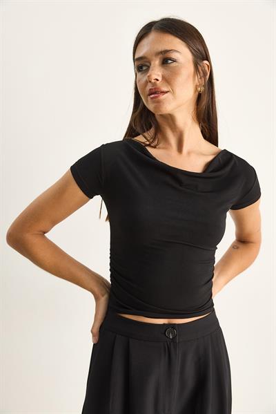 Kadın Degaje Yaka Drapeli Crop Bluz 2343 60286200 - Siyah