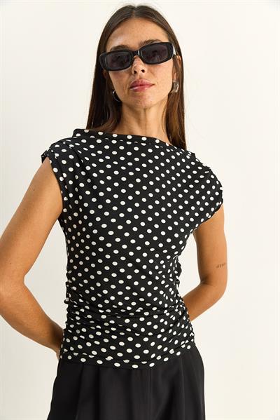 Kadın Degaje Yaka Puantiyeli Yanlardan Büzgü Detaylı Likralı Bluz 6157 60286128 - Siyah-Beyaz